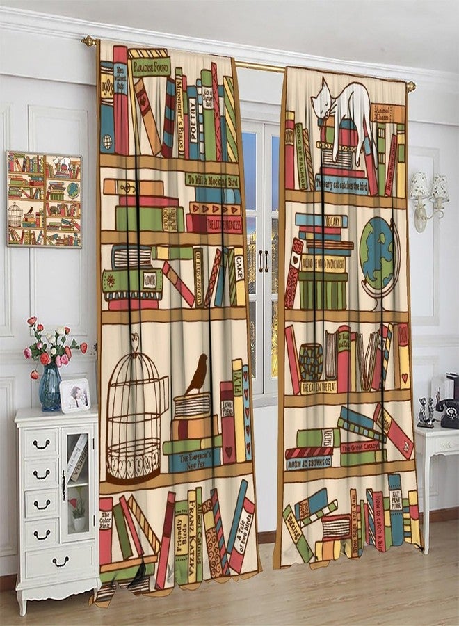 YCness Bookshelf Curtains Cartoon Cat Boho Library Art Printed Window Drapes for Bedroom Living Room Kitchen Decor Fabric Set 2 Panel 42x45 Inch 30% Shading Rate - Image 5